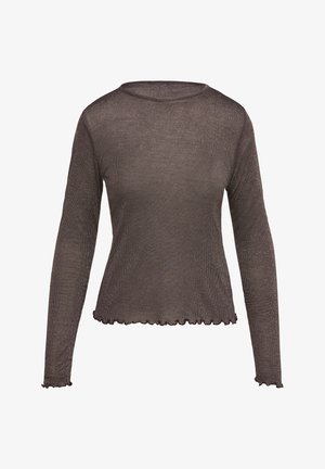 Braunes Langarmoberteil mit rundem Ausschnitt, aus durchscheinendem, strukturiertem Stoff. Der Saum und die Bündchen haben eine gewellte, gewellte Kante.