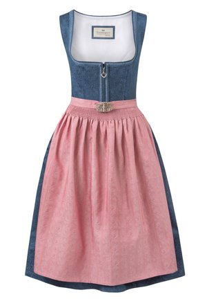 Traditional dirndl dress with a blue bodice and a pink skirt, featuring a decorative zipper and an ornate metallic brooch at the waist.