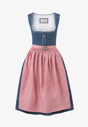 Traditionelles Dirndlkleid mit einem blauen Oberteil und einem rosa Rock, das mit einem dekorativen Reißverschluss sowie einer kunstvollen metallischen Brosche an der Taille verziert ist.