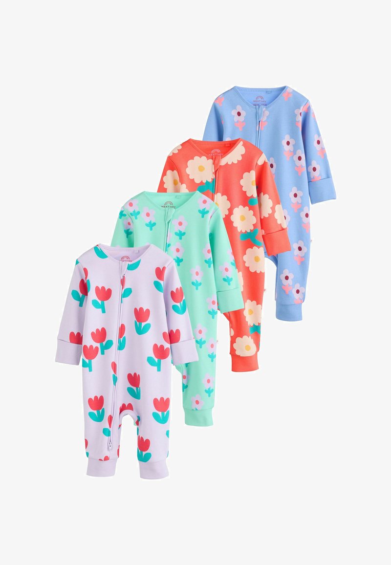 Négy hosszú ujjú, cipzáros babaruhácska, mindegyik pasztell színekben, virágmintákkal piros, fehér, sárga és rózsaszín árnyalatokban.