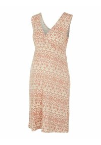 Vestido de maternidad con escote en V, diseño sin mangas, en color rosa claro con un patrón texturizado en color marfil. Tela suave con una forma fluida.