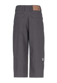 Gray knee-length shorts with a textured fabric, featuring two back pockets and a brown leather patch on the waist.