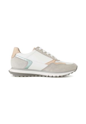 White and beige low-top sneaker with lace closure, light gray suede overlays, and a light blue metallic accent on the side.