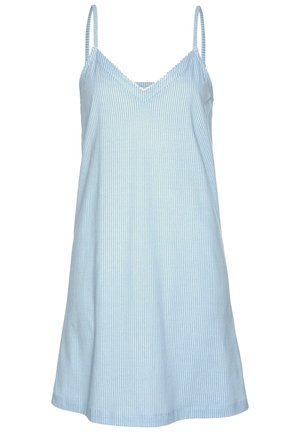 Light blue spaghetti strap dress with vertical white stripes, v-neckline, and a flowy silhouette made from soft fabric.