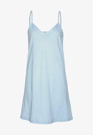 Light blue spaghetti strap dress with vertical white stripes, v-neckline, and a flowy silhouette made from soft fabric.