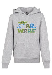 Felpa grigia con cappuccio e tasca frontale, con il testo "STAR WARS" in schemi colorati e un personaggio dei cartoni sopra il testo.
