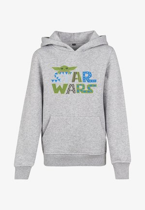 Siva kapuča s sprednjim žepom, z napisom "STAR WARS" v barvitih vzorcih in risano postavo nad napisom.