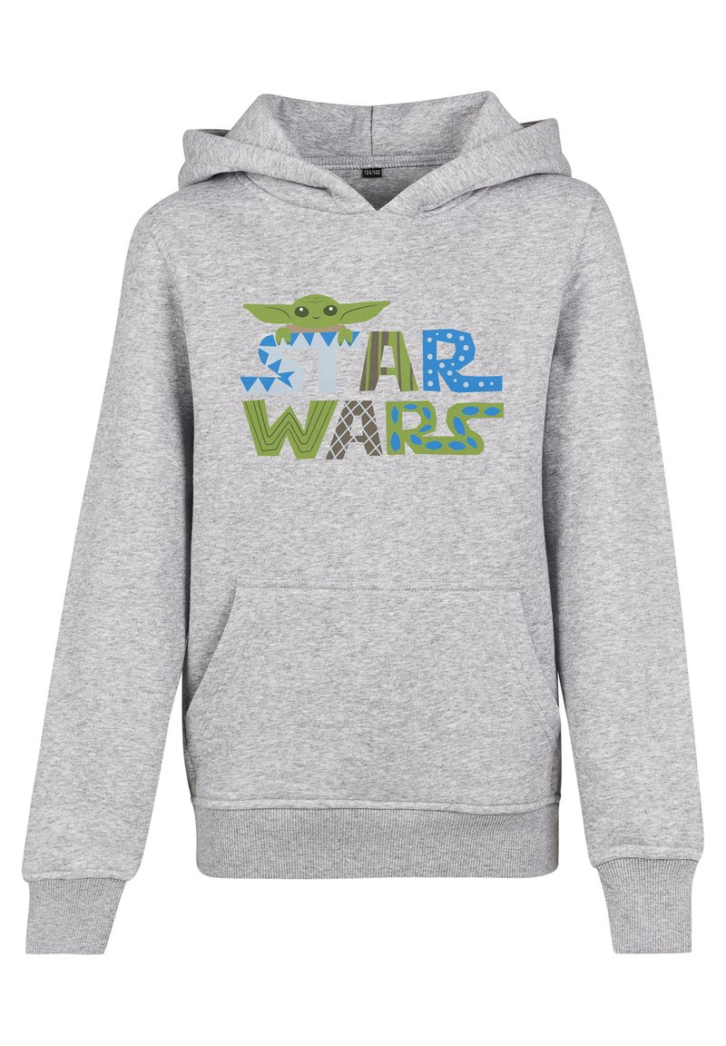 Felpa grigia con cappuccio e tasca frontale, con il testo "STAR WARS" in schemi colorati e un personaggio dei cartoni sopra il testo.