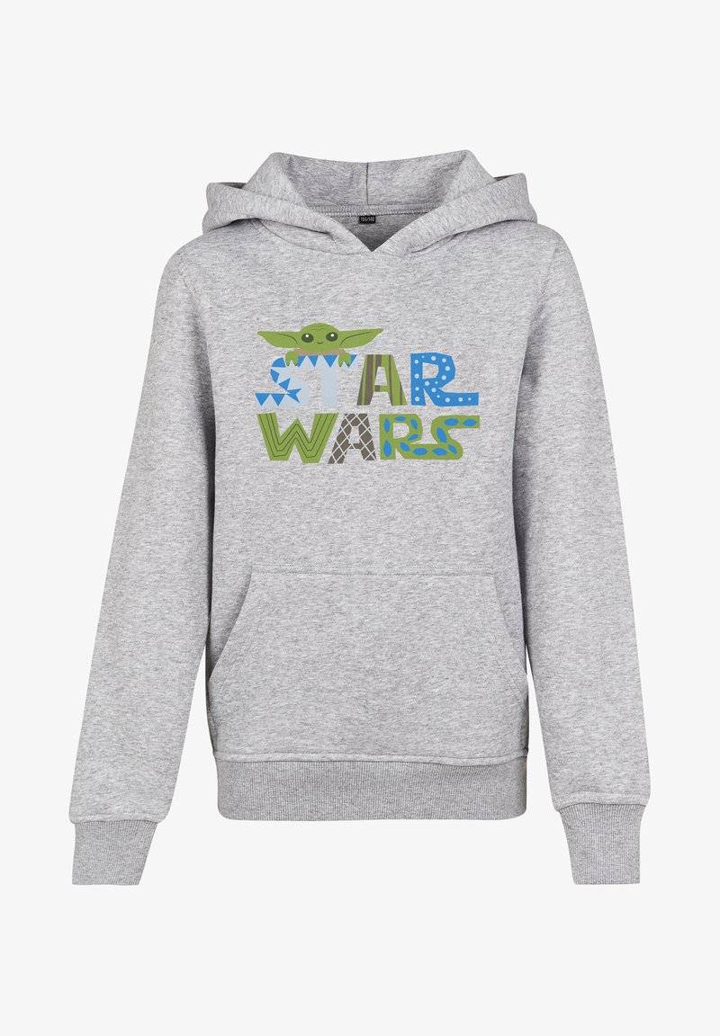 Siva kapuča s sprednjim žepom, z napisom "STAR WARS" v barvitih vzorcih in risano postavo nad napisom.