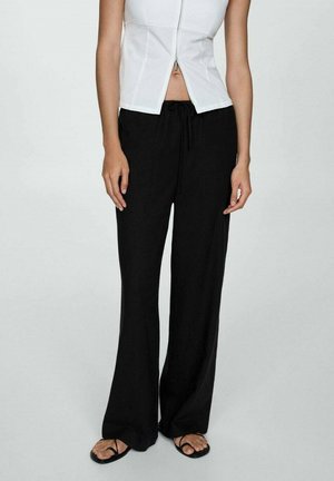 Black wide-leg pants with a relaxed fit, made of lightweight fabric. Features a drawstring waist and smooth texture.