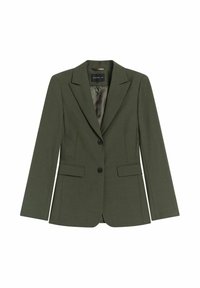 Olivgrüner Blazer in einem strukturierten Design, mit Reverskragen, zwei vorderen Taschen und zwei Knöpfen. Glatte Innenauskleidung.