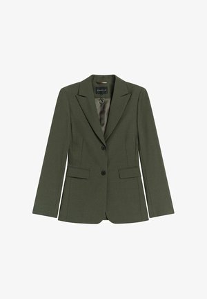 Olive green blazer in a structured design, featuring a notched lapel, two front pockets, and two buttons. Smooth interior lining.