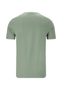 Green cotton t-shirt, short sleeves, crew neck, smooth texture, plain design, back view, no patterns or graphics.