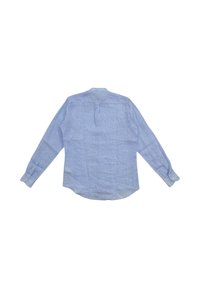 Camicia a maniche lunghe blu chiaro realizzata in tessuto testurizzato. Presenta un colletto alla mandarina, polsini con bottone e un orlo leggermente curvato sul retro.