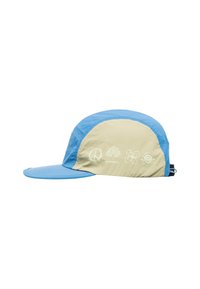 Gorra de color azul claro y beige con visera curva, con símbolos impresos en el lado. Hecha de un tejido ligero y texturizado. Correa ajustable en la parte posterior.