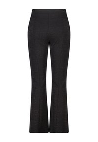 Zwarte uitlopende broek met een gestructureerd patroon, voorzien van een soepele tailleband en op maat gemaakte naden, gemaakt van een lichtgewicht, rekbare stof.