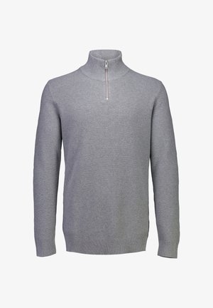 Maglione grigio chiaro a maniche lunghe, lavorato a maglia, con un motivo testurizzato e una cerniera corta su un colletto alto, esposto su uno sfondo bianco.