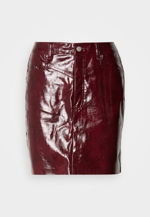 Burgundy leather mini skirt with a glossy finish, front pockets, and a button closure. Smooth texture with visible creases and seams.