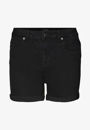 Čierne denimové šortky s rolovaným lemom, majúce predné vrecká, zapínanie na gombík a jemné švy. Hladká textúra a priliehavý strih.