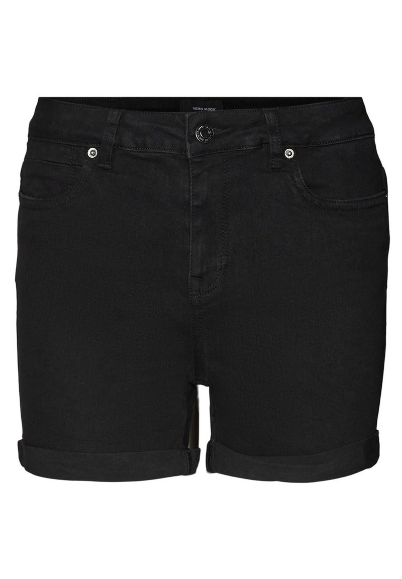 Shorts en denim noir avec un ourlet roulé, dotés de poches avant, d'une fermeture à bouton et de détails de couture subtils. Texture lisse et design ajusté.