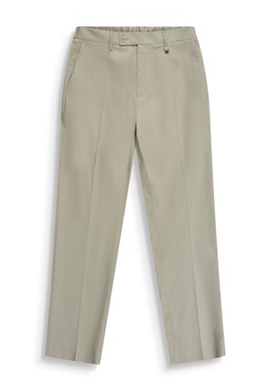 Hellbeige, maßgeschneiderte Hose mit Bügelfalte vorne, Seitentaschen, Gürtelschlaufen und Knopfverschluss auf weißem Hintergrund.