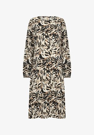 Black and cream knee-length dress with an abstract animal print, long sleeves, elastic cuffs, and round neckline. Made of soft fabric.