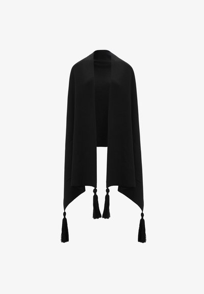 Black shawl made of soft fabric with an open front. Features two black tassels at the bottom corners and a smooth, textured finish.