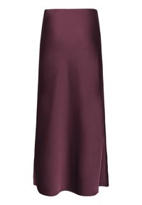 Burgundy midi-kjol tillverkad av ett slätt, blankt tyg med en enkel design och en sidofor, med en rak fåll och inga synliga knäppningar.