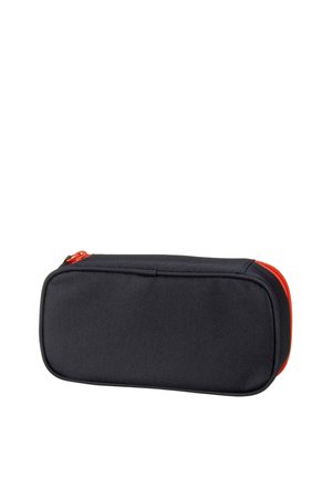 Black rectangular pencil case with rounded edges and a red zipper on a white background.