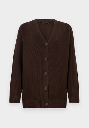 Cardigan marron côtelé avec un col en V profond, des manches longues et six boutons foncés sur le devant. Le tissu présente une texture apparente.