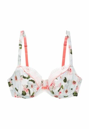 Biustonosz w kwiatowy wzór z jasnoniebieską bazą, zielonymi liśćmi i różowymi kwiatami. Posiada koronkowe wykończenie i regulowane koralowe ramiączka. Konstrukcja na drutach.