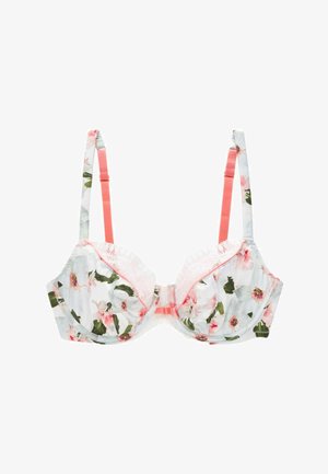 Biustonosz w kwiatowy wzór z jasnoniebieską bazą, zielonymi liśćmi i różowymi kwiatami. Posiada koronkowe wykończenie i regulowane koralowe ramiączka. Konstrukcja na drutach.