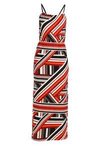 Ärmlös maxiklänning med tunna svarta axelremmar och djärva geometriska ränder i rött, svart, vitt och grått, med en veckad midja.