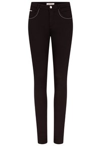 Zwarte slim-fit broeken met witte stiksel, voorzakken en een zilveren knoopsluiting bij de taille, gepresenteerd op een witte achtergrond.