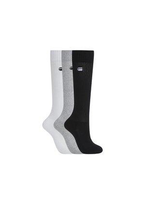 Three pairs of tall ribbed socks in white, grey, and black, each with a small logo near the top.