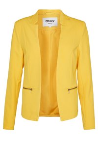 Blazer jaune avec un col cranté, devant ouvert, manches longues, et deux poches zippées à l'avant. Tissu doux avec une texture lisse.