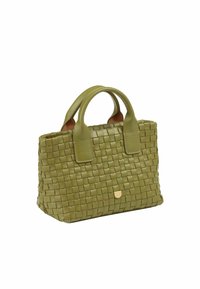 Borsa in pelle intrecciata verde con manici corti, forma rettangolare, superficie liscia e un sottile dettaglio in metallo dorato sul fronte.