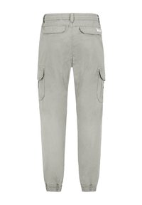 Hellgraue Cargo-Hosen mit elastischem Bund, zwei Seitentaschen und schmal zulaufendem Bein. Sie bestehen aus einem weichen, strukturierten Stoff.