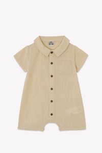 Beige short-sleeve romper with collared neck, six brown buttons, and a chest pocket. Made from a textured, lightweight fabric.