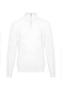 Weißer Pullover mit hohem Kragen und Viertelreißverschluss. Lange Ärmel und gerippte Bündchen. Weiche, glatte Textur ohne Muster oder Verzierungen.