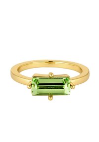 Gold band ring featuring a rectangular, green gemstone, secured with four small prongs. The design highlights the stone's clarity and color.