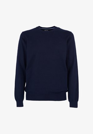 Maglione girocollo blu navy realizzato in morbido tessuto a maglia, con maniche lunghe e polsini e orlo a costine. Piccolo logo sul petto.