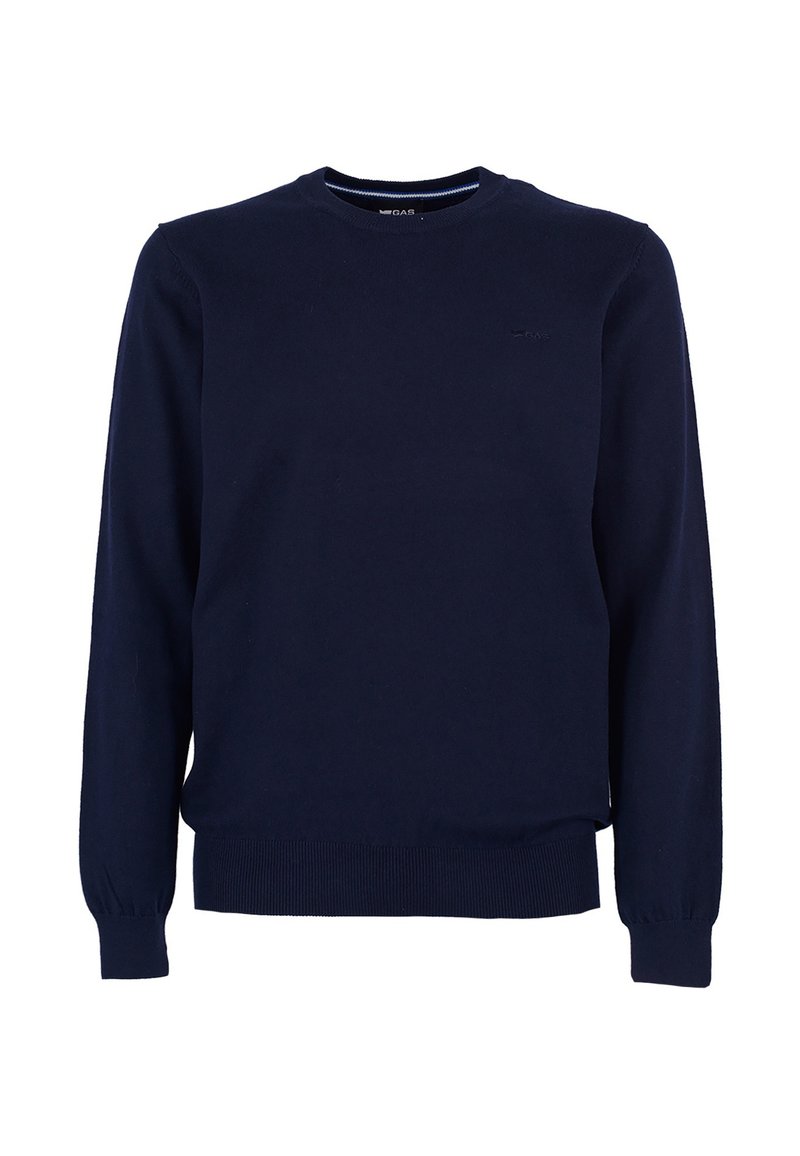 Maglione girocollo blu navy realizzato in morbido tessuto a maglia, con maniche lunghe e polsini e orlo a costine. Piccolo logo sul petto.