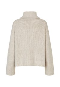 Kremowy sweter z teksturowanej tkaniny, posiadający wysoki kołnierz, ribbed design oraz opadające ramiona z długimi, szerokimi rękawami.