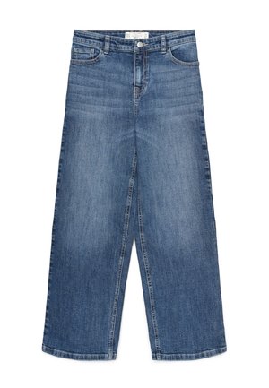 Jean en denim bleu à taille haute et jambes larges, avec poches avant, passants de ceinture, bouton et fermeture éclair.