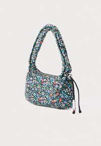 Torba w kwiatowy wzór na czarnym tle, z wyściełanym uchwytem i zamkiem błyskawicznym. Wykonana z miękkiej tkaniny o fakturowanej powierzchni.