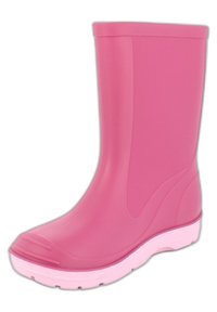 Botte de pluie en caoutchouc rose avec une surface lisse, un bout arrondi et une semelle extérieure blanche. Présente un design compact et une silhouette simple et incurvée.