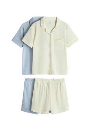 Two sets of short-sleeve button-up shirts with matching elastic-waist shorts in cream and light blue, laid flat on a white background.