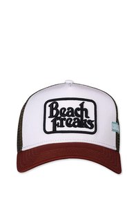 White trucker hat with a red brim. Features a black embroidered "Beach Freaks" logo in a rectangular patch. Mesh sides in olive green.