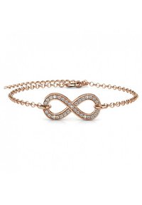 Braccialetto in oro rosa con simbolo dell'infinito decorato con cristalli trasparenti, su una delicata catena a maglie con chiusura a gancio.
